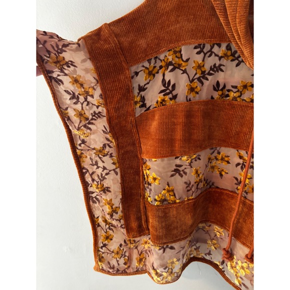 Adore Women Burnt Orange Corduroy Floral Mesh Cowl Neck Poncho Top Small Boho - Picture 3 of 8